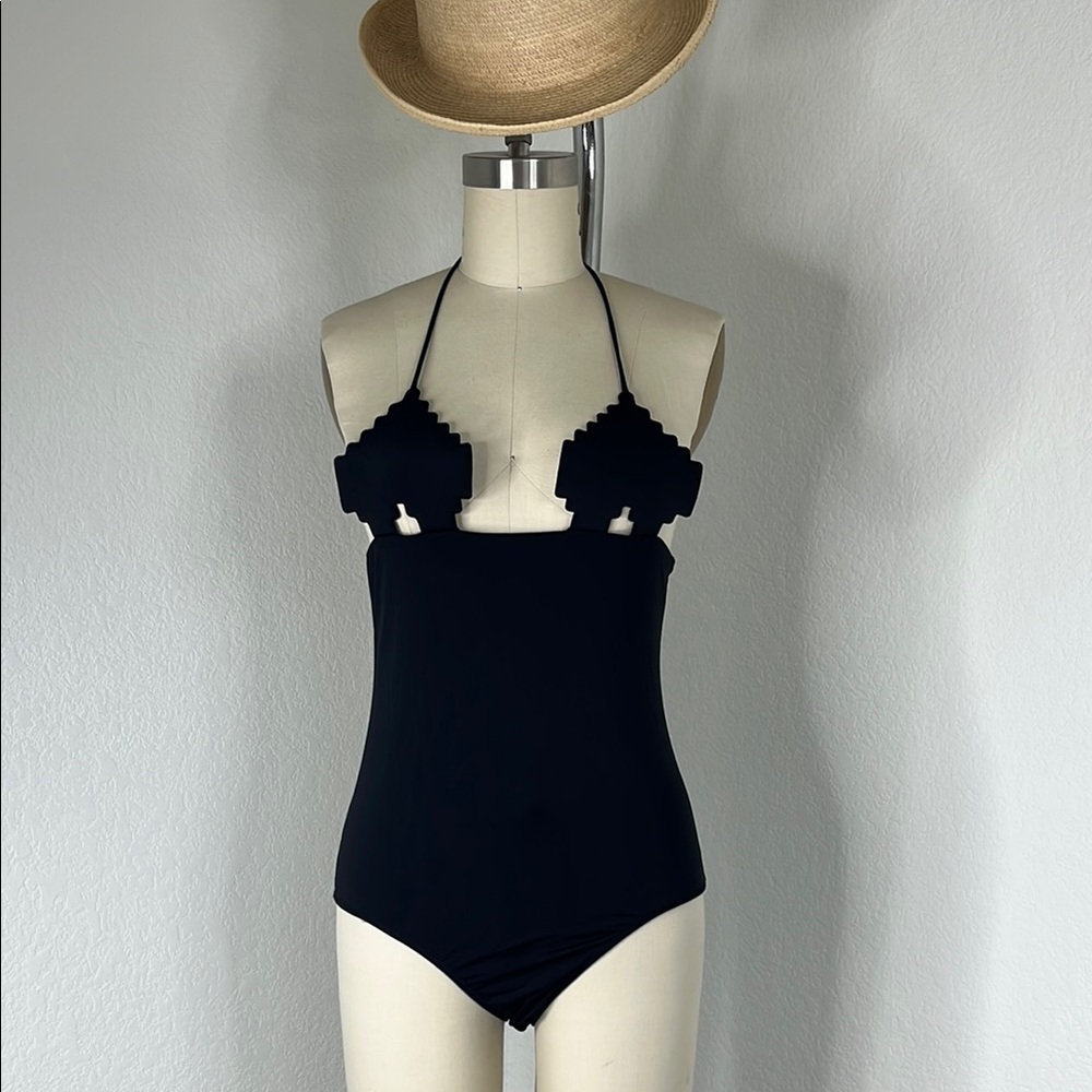 NATASHA ZINKO Pixel Heart Swimsuit In Black Halter One Pc Bathing Suit